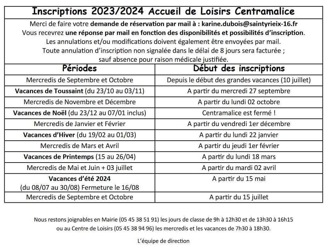 Inscriptions 2023/2024 Accueil de Loisirs Centramalice